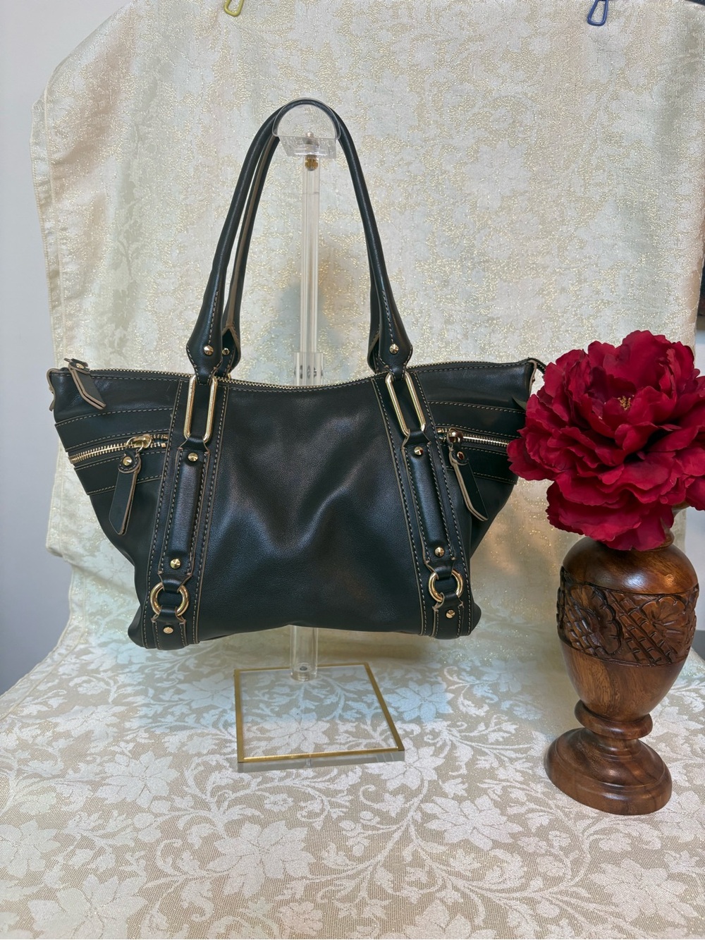 Cole Haan Dark Green Paige Leather Satchel with Gold Hardware - Picture 2 of 11